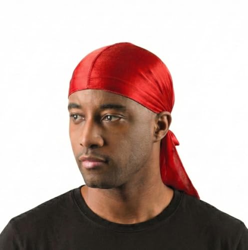 Titan Silky Durag – Ultra Stretch, Extra Long Tail Headwrap for 360 Waves, Hair Protection & Style – One Size Fits All, Men & Women, RED Colors