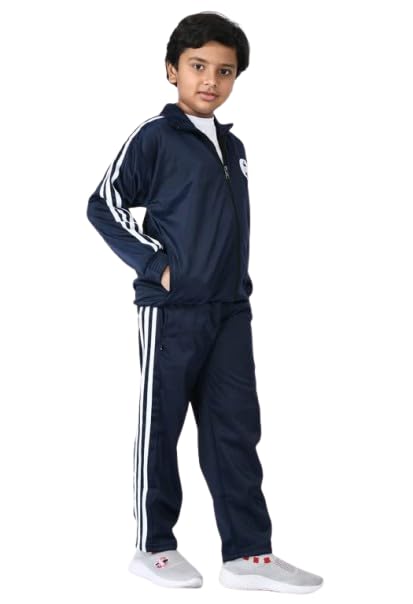 Kids Athletic Tracksuit Set, Full-Zip Jacket and Pants with Side Stripes, Black and Navy Blue, Sports Training Wear-image-2