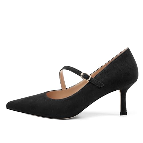Women's Pumps, Mary Jane Mid Heels for Women Pointed Toe Suede Slip On Adjuatable Strap Kitten Heels Office Work Dress Shoes 2.55 Inch2