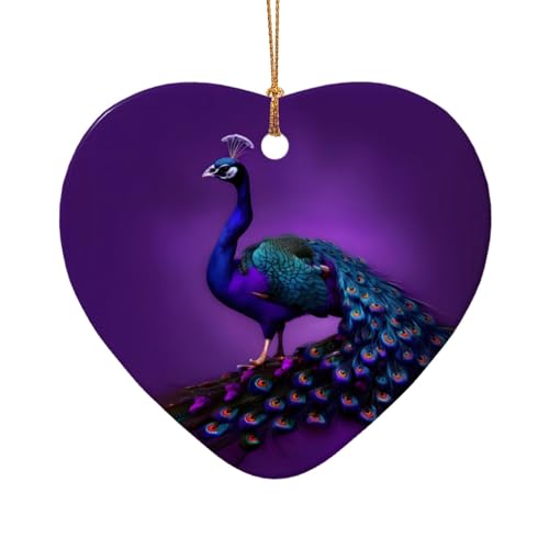 Adornos de cerámica con diseño de pavo real morado con forma de estrella y corazón, para colgar en el árbol de Navidad