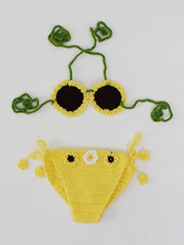 Woonie Sun Flower Detailed Bikini Style Top with Flower Embellished Bloomer Photography Prop - Yellow (3-6 Months)