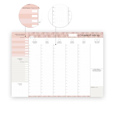 Bloco Planner de Mesa Gluuck Com Horário - Planejamento Semanal (A4, 50fls, 120g/m²) Candy Color Ros