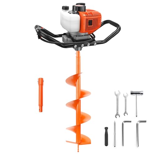 NEO-TEC 63CC Post Hole Digger Auger Drill Gas Powered 2-Stroke & 8' Drill Bits + 1 Extension Bar, Earth Auger Petrol Drill Borer for Garden Lawn Auger Drill Bit for Planting