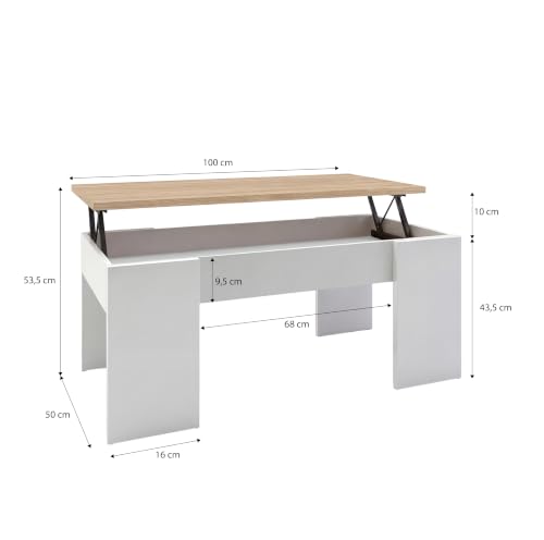 Miniatura 3 de Duehome Mesa De Centro Elevable, Mesita De Salón O Comedor, Modelo Vita, Acabado En Color Blanco Artik Y Roble Canadian, Medidas: 100 Cm Largo X 50 Cm Ancho X 45-56 Cm Alto