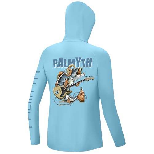 Palmyth Boys Fishing Shirt Youth Hoodie Sun Protection UPF 50+ Long Sleeve Hooded Shirts Ice Blue Bass M
