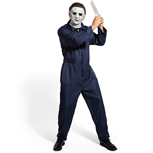 AENEY 3-teiliges Michael Myers-Kostüm für Erwachsene und Herren Horror-Killer-Outfit mit Overall Maske Messer Halloween Cosplay-Overall (B Small)