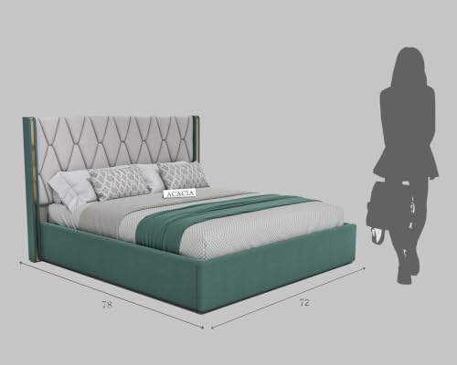 Image of Acacia Modern Upholstered King Size Bed with Hydraulic Storage for Bedroom | Wooden Furniture Double Beds for Home & Hotels, Platform Cot with Upholstery Fabric, 6.5 x 6 Ft, Sheesham Wood, White-Green