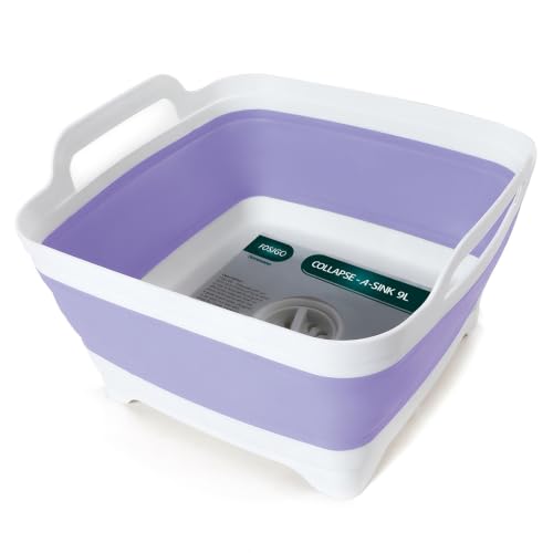 Image of FOSJGO Collapsible Dish Basin with Drain Plug, 2.4 Gal (9L) Space-Saving Foldable Sink, Wash Basin for Kitchen, Baby Bottles, Vegetable Washing, Camping, RV and Party Beverage Tubs (Purple)