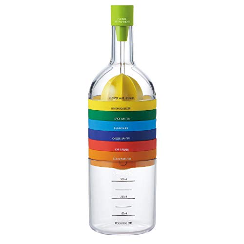 IMMACULATE Health+ 8 in 1 Multi Function Kitchen Cooking Tool Bottle Fruit Juicer, Oil Dispenser Funnel, Herb Spice Grinder, Egg Cracker, Ginger Grinder Chopper Bottle Opener (Transparent)