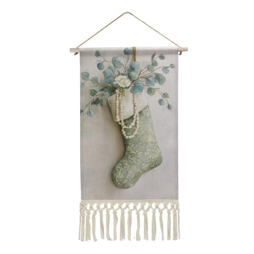 Arazzo da parete in lino, calza di Natale verde salvia con eucalipto poster da parete vintage con nappa e asta in legno