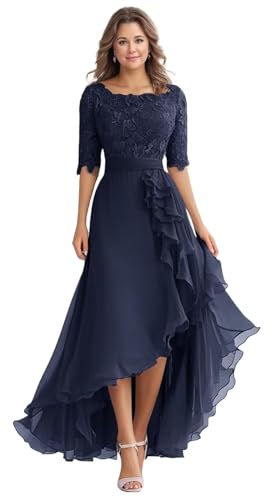 Mother of The Bride Dresses for Wedding Guest Tea Length Lace Applique Chiffon Half Sleeve Formal Evening Gowns 996