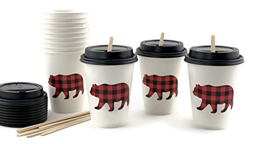 Stesha Party Buffalo Pappbecher mit Deckel und Rührstäbchen, Bärenmotiv, 12 Stück Cover