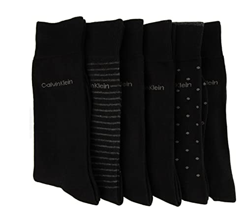Calvin Klein Mens Dress Sock Combed Cotton Smooth Toe Seam Arch Size: 6-12 (6 Pair) (Black -Black Gray dots- Black Gray stripe)