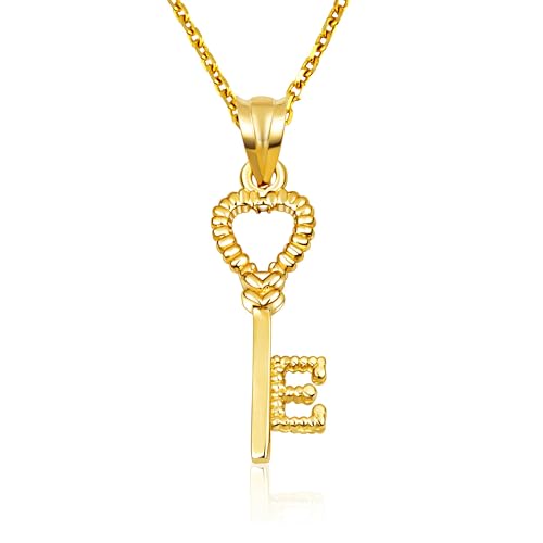 10K Yellow Gold Heart Lock & Key Letter Initial Love Pendant Necklace Initial - E-22