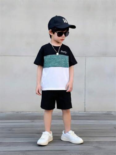 Image of Yoxindax Toddler Kid Boy Clothes Colorblock Letter Graphic Tee Shorts 2PC Summer Outfit Set