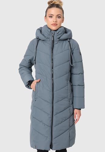 Navahoo Damen Wintermantel Warmer Langer Steppmantel mit Abnehmbarer Kapuze Sahnekatzii XIV Stormy Blue Gr. L