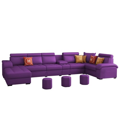 Image of Casaliving Emerson Modern U-Shaped Sectional Sofa Set 9 Seater, Sofa Couch with 3 Puffy for Hall (Purple Colour) Premium Leatherette Fabric Sofa
