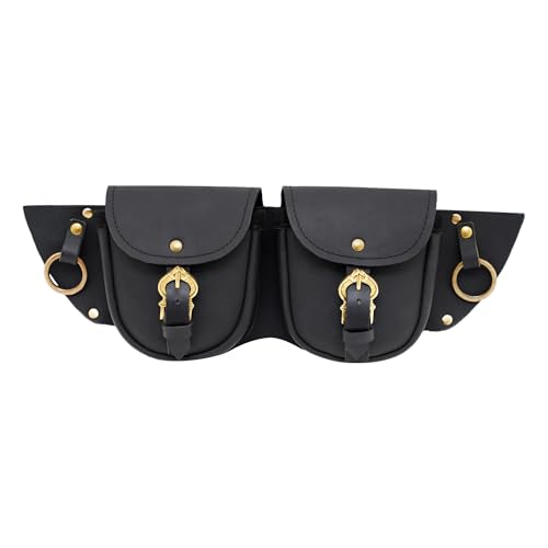 Medieval Leather Double Pouch Belt – Handcrafted Black Genuine Full Grain Leather Utility Pouch with Brass Buckles for LARP, Cosplay, and Renaissance Faire