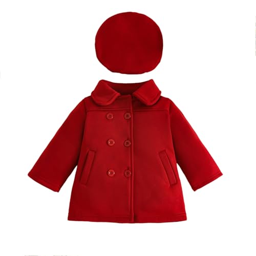 Toddler Baby Girls Cute Double Breasted Long Peacoat Woolen Trench Coats and Beret Hat Fall Winter Outfits for 0-3 Years