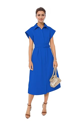 Womens Turn Down Collar Shirt Dress Short Wing Sleeve Button Down Dress Trench Coat Formal Elegant with Belt
