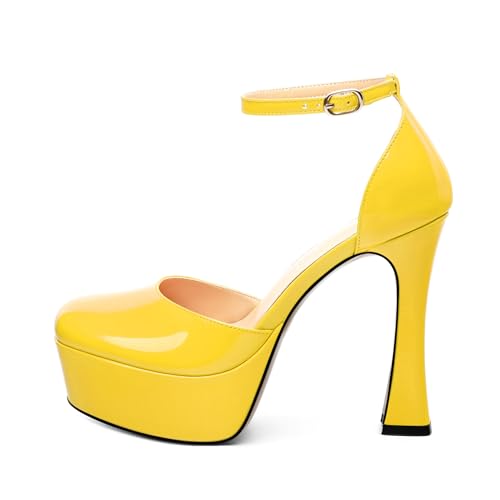 Women's Platform Chunky High Heel Pumps Patent Buckle Square Toe Ankle Strap High Heels Dating Wedding Party Dress Shoes 4.7 Inch2