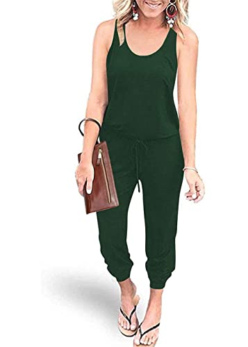 Image of YUNDAI Womens Jumpsuits One Piece Casual Off Shoulder Playsuit Sleeveless Overalls Elastic Waist Stretchy Romper with Pockets Large,Dark Green
