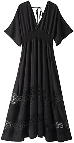 Women's Lace Maxi Dress Short Sleeve V Neck Party Dress Smocked W...