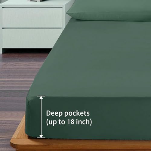 Dark Green Twin Size Bed Sheet Set for Boys Teens - Deep Pocket Sheets King Size Set to 21 inches Mattress 4 Piece - Premium Bedding Sheets & Pillowcases Collection - Extra Soft