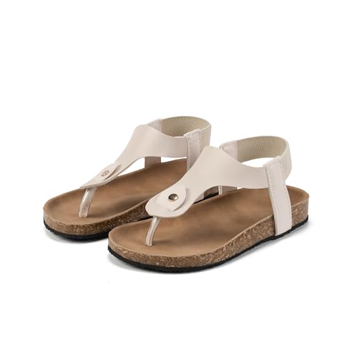 Kids Cork Footbed T-Strap Sandals, Black Leather, Elastic Back Strap