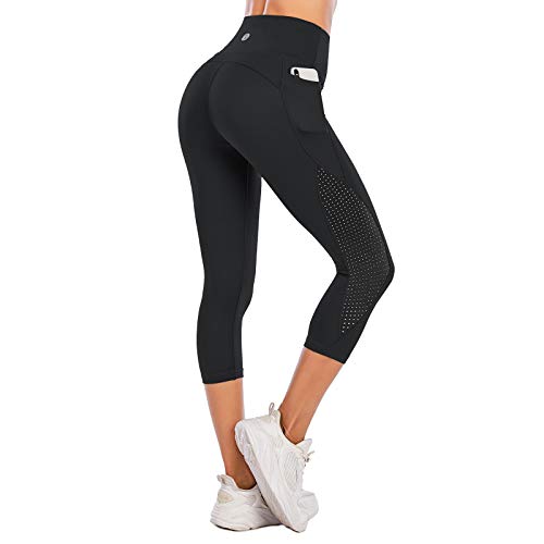 Steppe High Waist Women's Yoga Pants with Pockets Capri Workout Running Mesh Leggings Tummy Control Non-See-Through Compression Capris for Athletic Gym Exercise Fitness Black-M