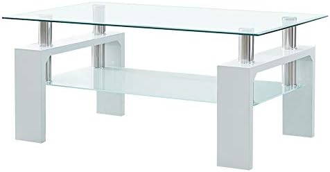 TUKAILAi Rectangle Clear Glass Coffee Table Modern Side Table with Lower Shelf Chrome and MDF Support Living Room Guest Reception Room Table White