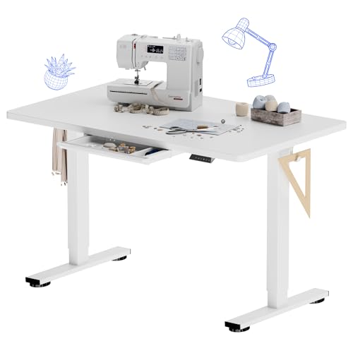 FLEXISPOT Electric Adjustable Workbench, 48x30 Inches Ergonomic Worktable with Drawer for Garage, Workshop, Office and Home, Spacious Desktop for Woodworking Sewing and Crafts, White, 3 Packages