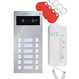 Kit de Portero Automático 2 Hilos Antivandálico con Lector RFID Completo con Telefonillos, Fuente de Alimentación | Muy Fácil de Instalar. empotrar o Superficie (12 viviendas)