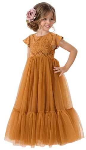 2Bunnies Girl Orchid Lace Flutter Sleeve A-Line Swirly Ruffle Tulle Communion Rustic Boho Flower Girl Dress