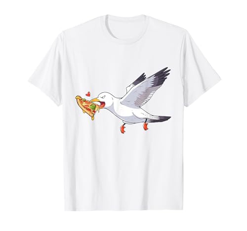 Camisa divertida de gaviota de playa con pájaros robando pizza de verano Camiseta