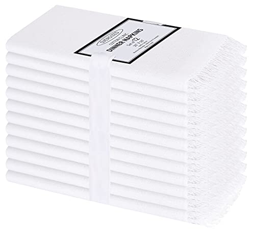 Cotton Clinic Cloth Dinner Napkins with Fringes – Perfect Everyday Use Table Linen – Soft Durable Washable – Ideal for Party Wedding Farmhouse Christmas Easter – Set of 12 (20x20 in/White)