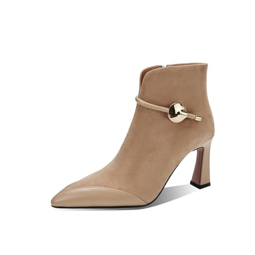 TinaCus Women's Pointed Toe Suede & Genuine Leather Handmade Side Zipper High Spool Heels Ankle Boots