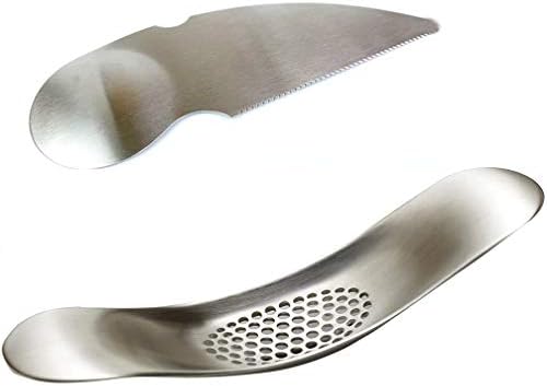 Garlic Press Rocker Set,304 Stainless Steel Crusher with Cutter Peeler Knife Spoons for Chef Kitchen Aid Professional Mincer Portable Tool Easy to Clean Dishwasher Safe