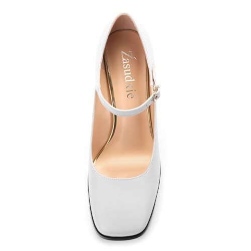 Mary Jane Shoes Womens Heels, Chunky High Heels Mary Janes Dress Shoes for Women Closed Square Toe Pumps Shoes with Buckle Strap for Office Party Casual Wedding3