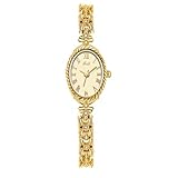 CARLIEN Fashion Vintage Gold Oval Quartz Watches for Women - Alloy Steel Band Slim Bracelet- - Roman Numerals Numbers - Dainty Elegant Dress Wristwatch Waterproof (Gold)