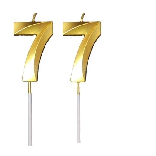 Image of ToyUniverse Number 77 Gold Candle | Seventy Seven Number Candle | Number 77 Metallic Gold Candle for Seventy Seventh Birthday,Anniversary, Surprise Party Cake Decoration Candle (Pack of 2,Number 77)