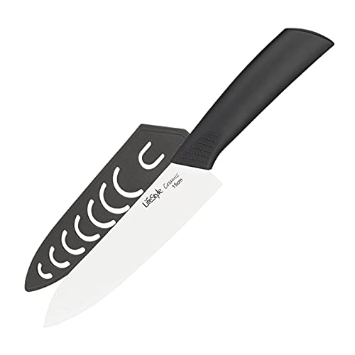 Tradineur - Cuchillo cebollero de cerámica profesional con mango de silicona y de 15 cm. Cuchillo cocinero para corte de alimentos válido para hogar o hostelería. Utensilio para cocina o repostería