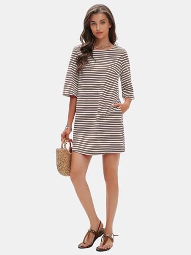 Image of EXLURA Women's Summer T Shirt Dress Casual Short Sleeve Loose Striped Mini Dresses 2026 Vacation Beach Sundress Pockets