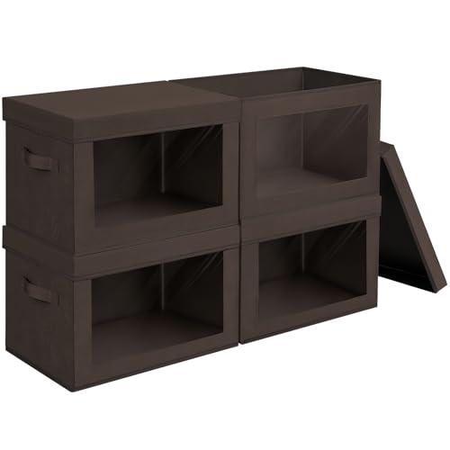 Image of Homsorout Stackable Storage Bins with Lids - Large Storage Box with Lids, Foldable Closet Boxes for Organizing, Wardrobe Clothes Organizer with Window, Cubes Bins for Living Room, 4 Pack, Brown