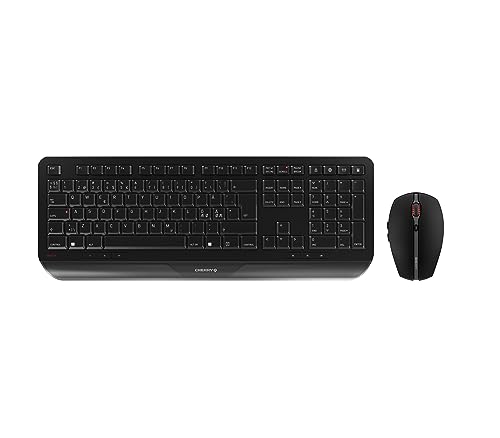 CHERRY GENTIX DESKTOP, Set di Tastiera e Mouse Senza Fili, Layout per i Paesi Nordici QWERTY, Radio a 2,4 GHz, Palm Rest Integrato, Mouse Simmetrico, Nero