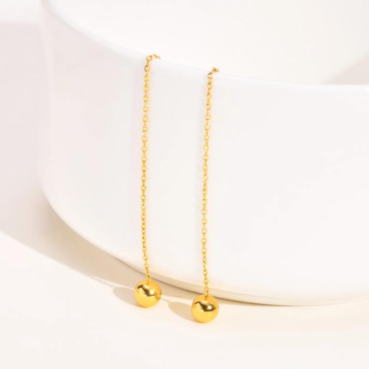 18K Gold Minimalist Ball Drop Threader Earrings, Stainless Steel Chain, Dangle Style, Elegant Long Design - Image 4
