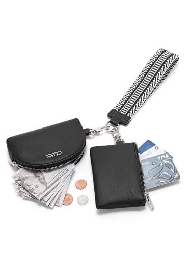 Image of CLUCI Keychain Wallet for Women PU Leather Coin Purse Detachable Dual Pouch Wristlet Wallet Zipper Pocket Black
