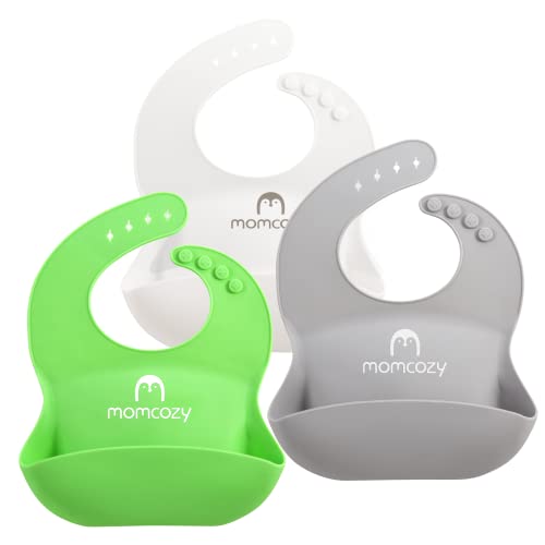 Momcozy Silicone Baby Bibs Easily Clean Set of 3, Soft Adjustable Toddler Silicone Bibs for Babies Girl and Boy, Waterproof, Green White and Grey