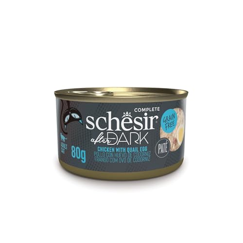 Schesir After Dark, Pollo Huevos de gallina y codorniz, Comida Hùmeda Completa para Gatos (latas 12 x 80g)