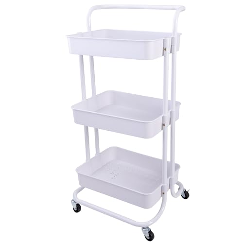 Organize It All Rolling Basket Cart | Dimensions: 16.5"x 14"x 33.85" | 3 Tier Rolling PP Basket | Sturdy Metal Construction | Home Organization | White